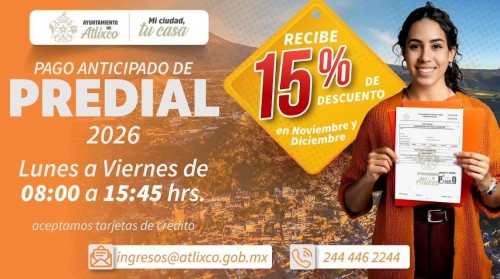 Descuento del 15% por pago anticipado del Predial 2026
