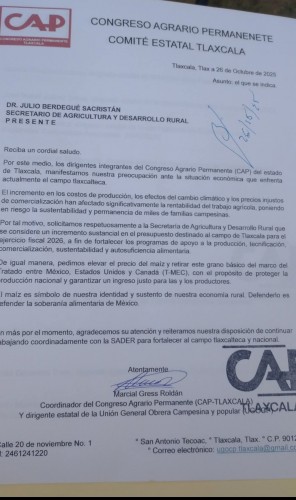 Solicita CAP a Federación incremento al presupuesto para campo tlaxcalteca en 2026