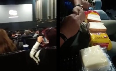 "Sin pena": Captan a joven dentro de la sala de cine preparando sándwiches antes de ver la película (Vídeo)