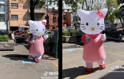Botarga de Hello Kitty sufre cómica caída mientras baila al ritmo de Bellakath, accidente se hace viral (Vídeo)