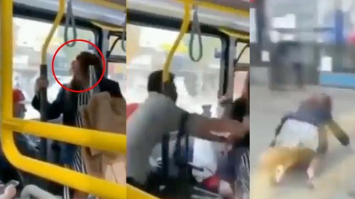 Mujer escupe a hombre en y este la tira del autobús en incidente que genera debate en redes (Vídeo)