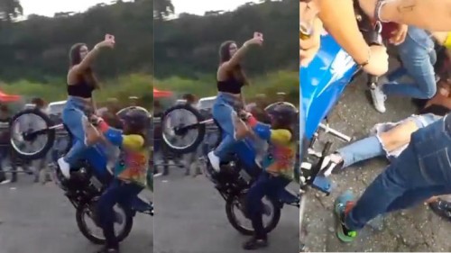 Mujer cae y convulsiona tras intentar intrépida acrobacia durante rodada de motocicletas (Vídeo)