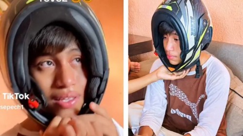 "¿Cómo lo hizo?": Joven se pone casco de moto al revés y queda atorado, hecho se vuelve viral (Vídeo)