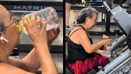 Mujer de la tercera edad lleva botella de mezcal para hidratarse en el gimnasio (Vídeo)