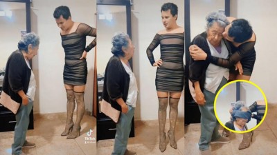 Inesperada reacción de abuelita sorprende a redes sociales tras ver a su nieto con botas y vestido (Vídeo)