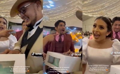 Novio recibe pastel de Karely Ruiz el día de su boda y la novia enfurece