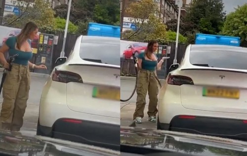 ¿Fuerza de costumbre? Joven es captada intentando cargar gasolina a un automóvil eléctrico