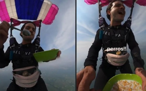 Joven se lanza en paracaídas mientras comer cereal; se hace viral con atípico hecho  (Vídeo)