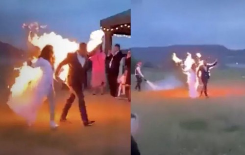 Novios se prenden llamas durante su boda y así conmemoraron su importante momento (Vídeo)