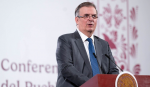 Foto: Cortesía Marcelo Ebrard durante una conferencia sobre el T-MEC y el comercio internacional.