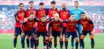 Jugadores de España celebran un gol en el Estadio Cuauhtémoc.