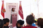 Lorena Cuéllar durante entrega de obras en Tepeyanco
